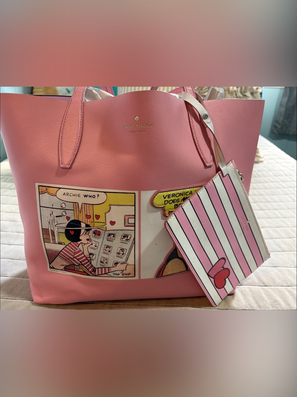 kate spade pink comic-panel tote with striped pouch
